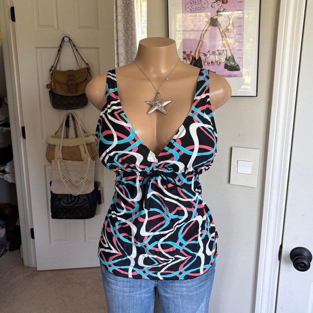 Y2K 2000s‎ avant garde Abstract Swirl Print Plunge Tank